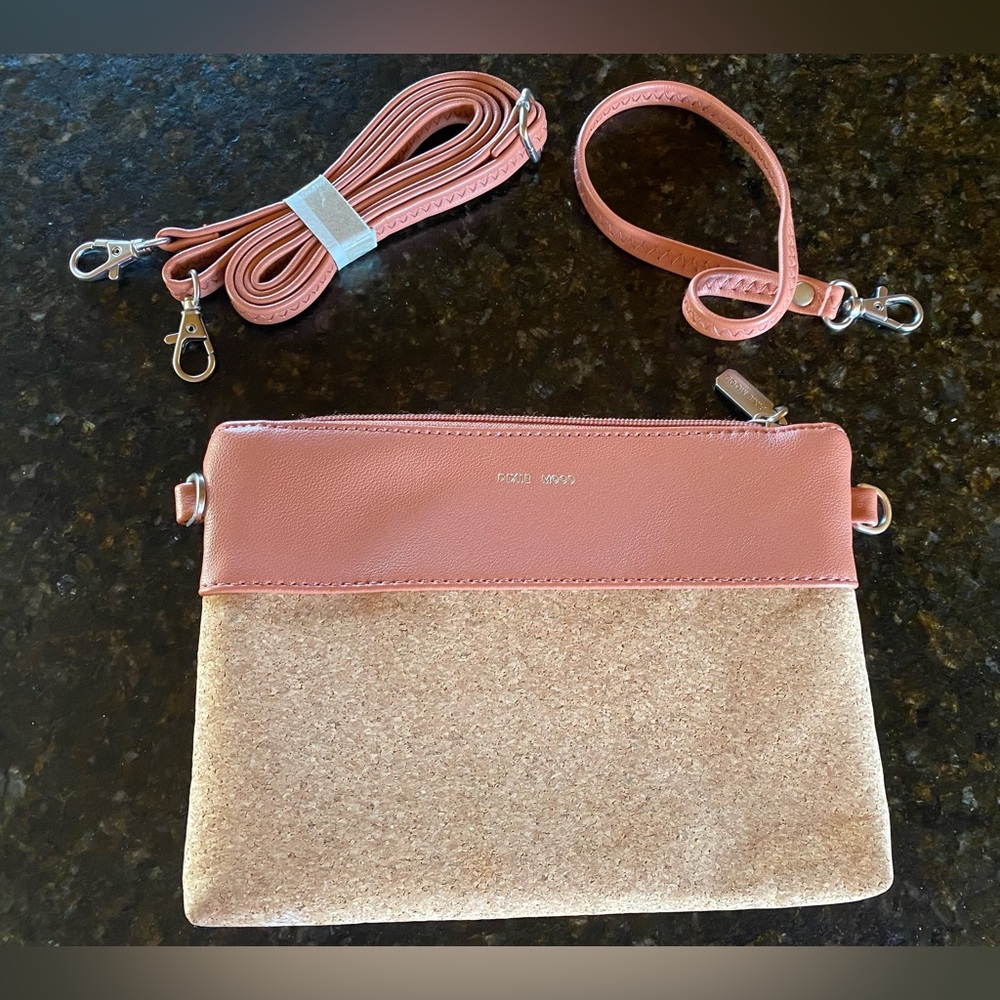 Dusty Rose pink cork clutch or shoulder purse with wristlet and long straps